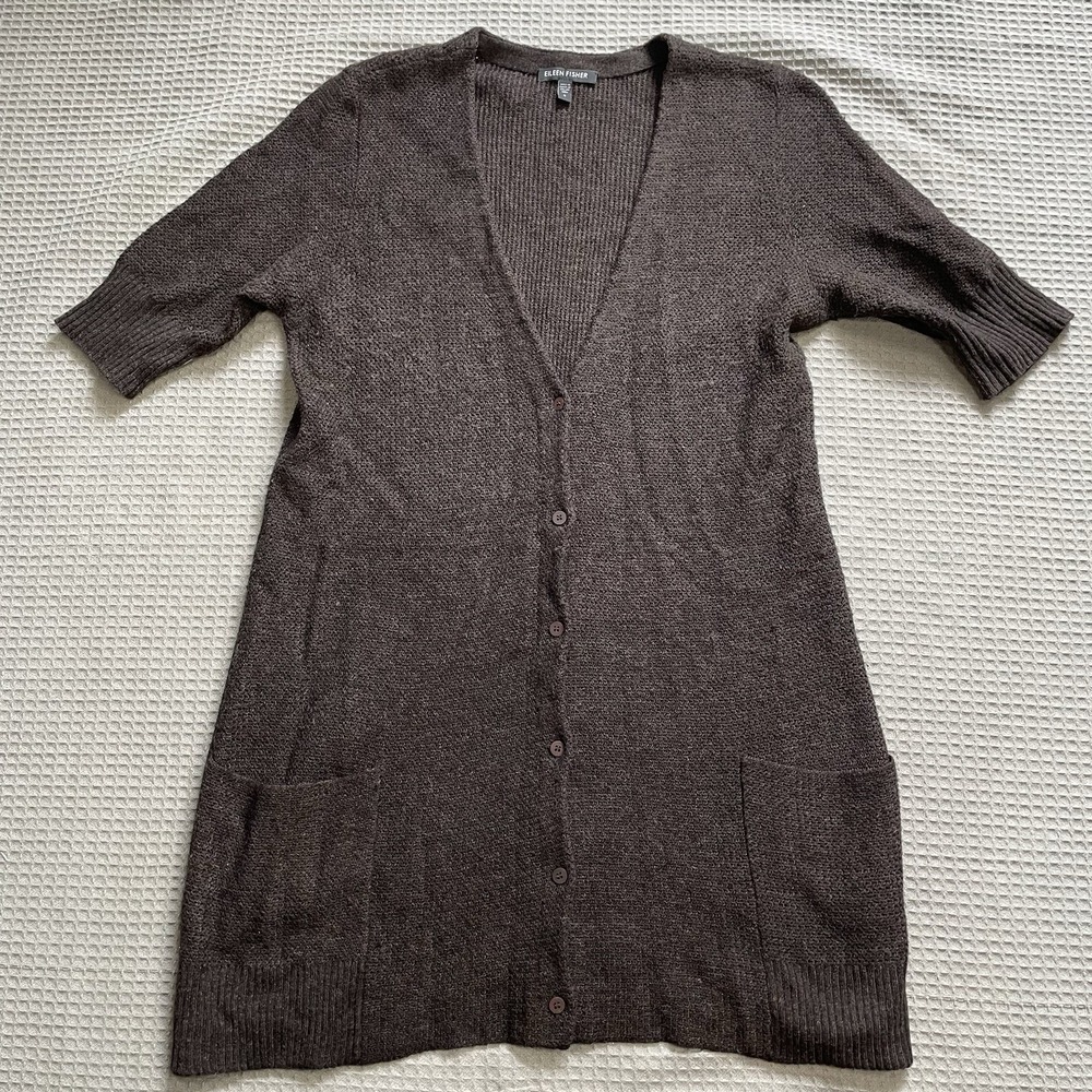 Eileen Fisher Wool Cashmere Blend Cardigan Sweater Small Womens Brown Long